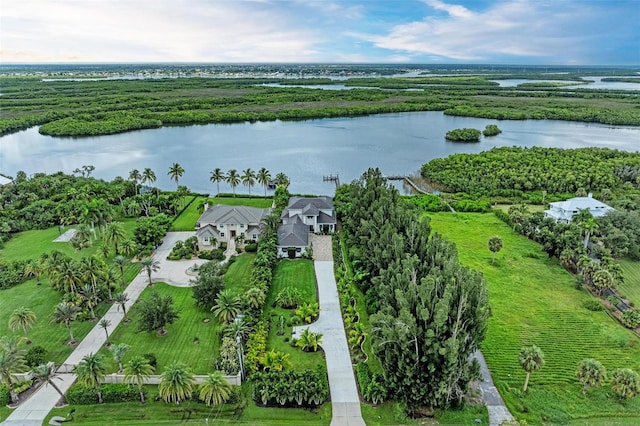 drone / aerial view featuring a rural view and a water view