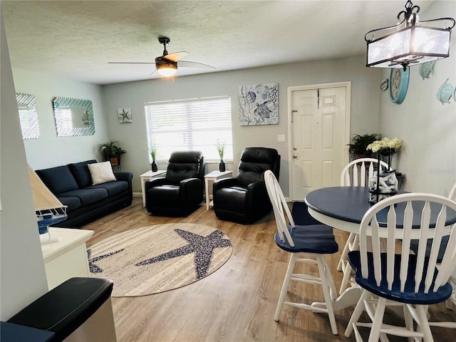 living room with ceiling fan, light hardwood / wood-style floors, and a textured ceiling