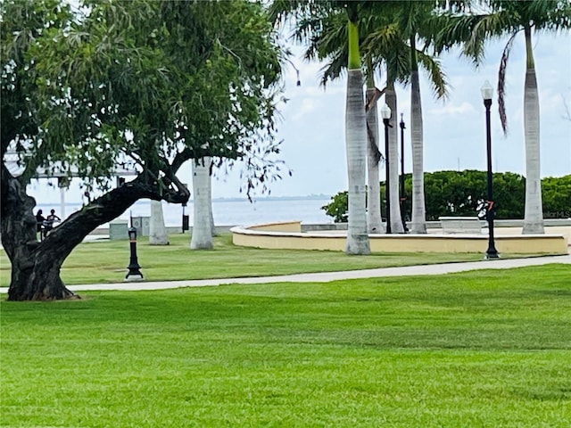 view of community with a water view and a lawn