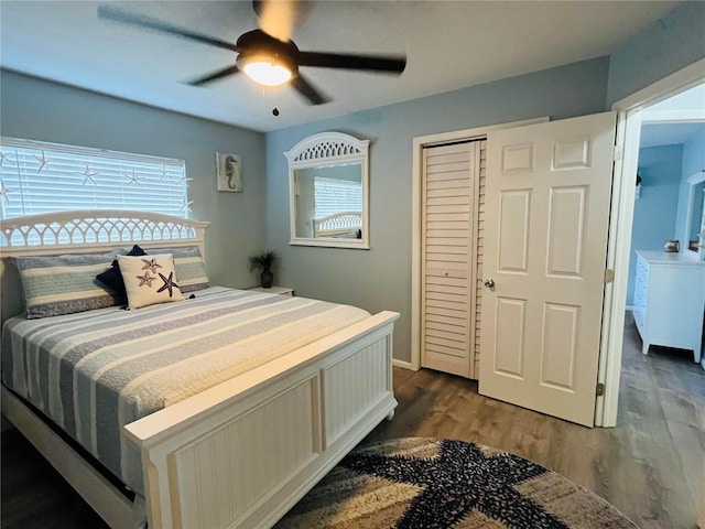 bedroom featuring ceiling fan and dark hardwood / wood-style floors