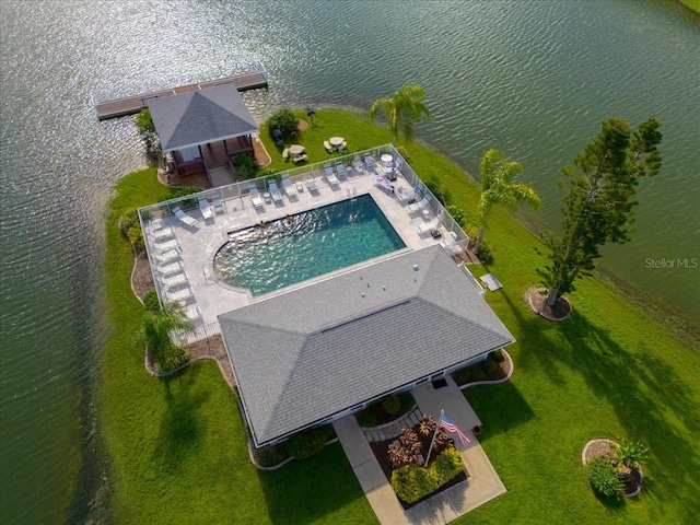 birds eye view of property featuring a water view