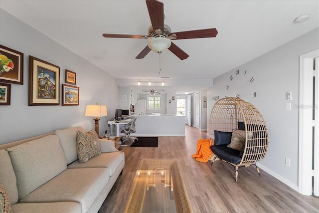 living room with hardwood / wood-style flooring and ceiling fan