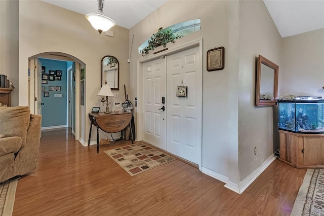 foyer entrance with lofted ceiling and wood-type flooring