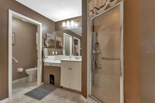 bathroom with tile patterned flooring, vanity, toilet, and walk in shower