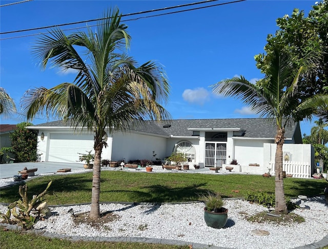 ranch-style home with a front lawn and a garage