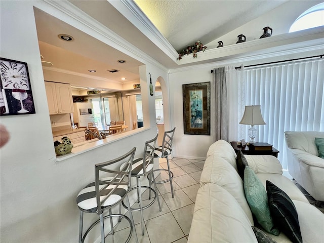 interior space featuring a healthy amount of sunlight, crown molding, and vaulted ceiling