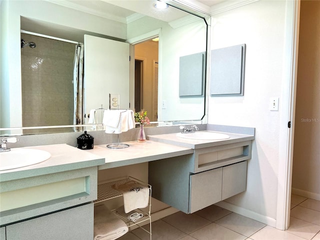 bathroom featuring tile patterned flooring, walk in shower, crown molding, and vanity