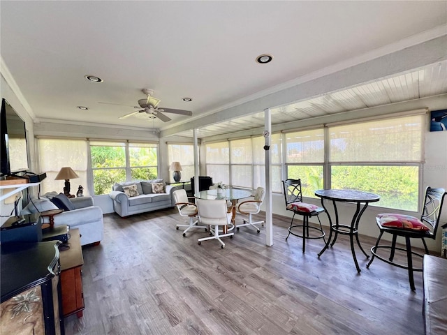 sunroom / solarium featuring plenty of natural light and ceiling fan