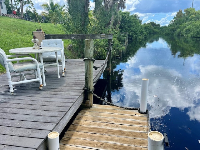 view of dock with a water view and a yard