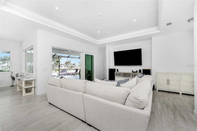 living room featuring light hardwood / wood-style flooring and a tray ceiling