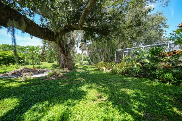 view of yard with glass enclosure