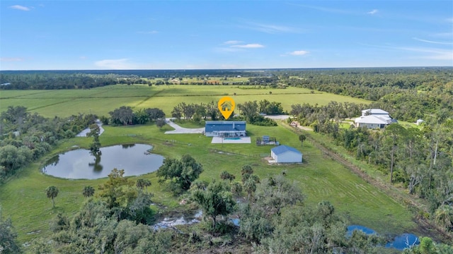 bird's eye view with a rural view and a water view