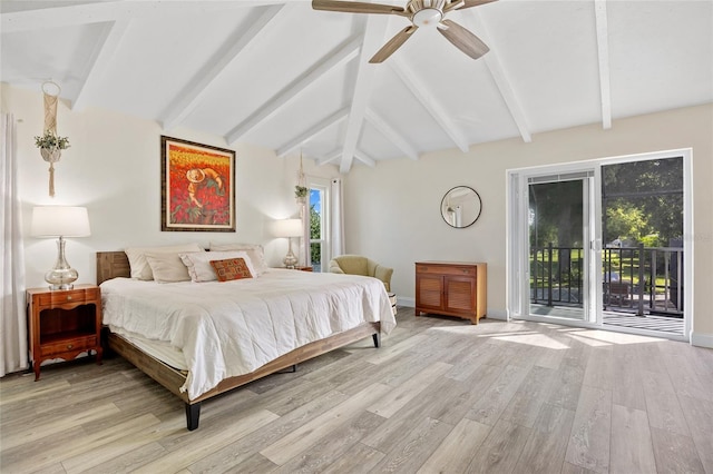 bedroom featuring access to outside, light hardwood / wood-style flooring, ceiling fan, and vaulted ceiling with beams