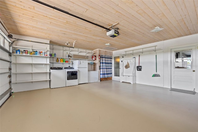 garage featuring washer and dryer, white refrigerator, a garage door opener, and wooden ceiling