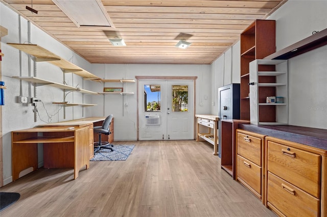 home office with wood ceiling, built in desk, and light hardwood / wood-style flooring