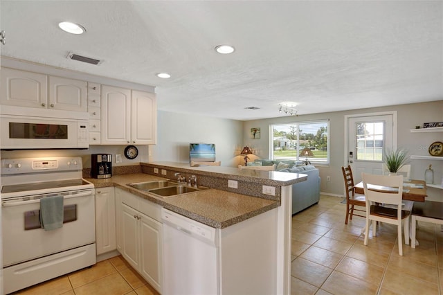 kitchen featuring white appliances, sink, white cabinets, and kitchen peninsula