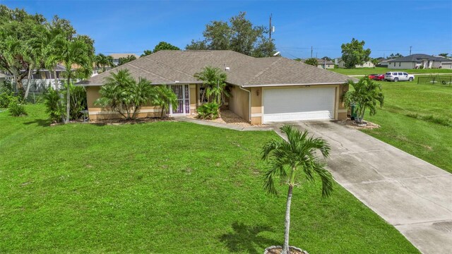 ranch-style home with a garage and a front lawn