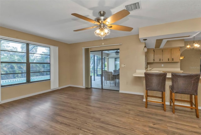 interior space featuring ceiling fan with notable chandelier and dark hardwood / wood-style floors