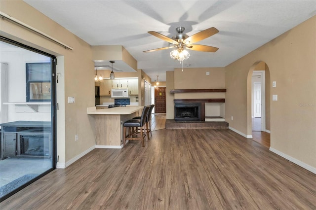 living room with dark hardwood / wood-style floors and ceiling fan