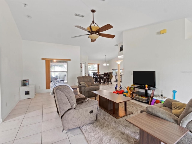 living room featuring ceiling fan and light tile patterned floors