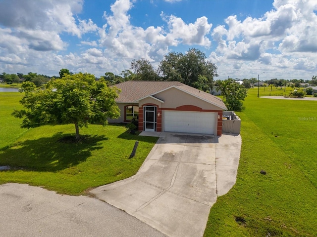 ranch-style home featuring a garage and a front yard