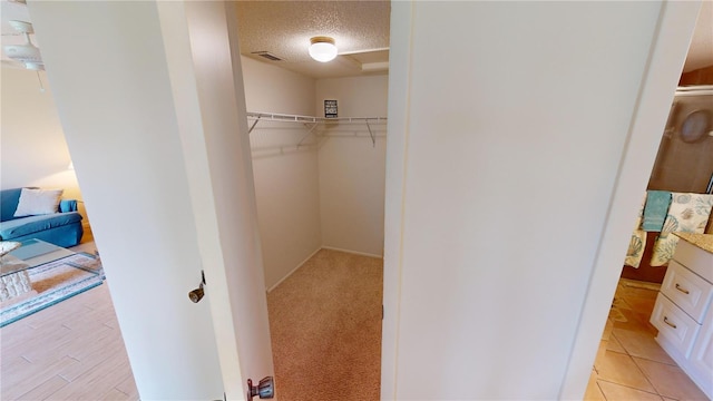 spacious closet featuring light colored carpet