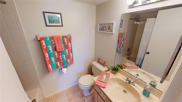 full bathroom featuring vanity, toilet, shower / tub combo with curtain, and tile patterned floors