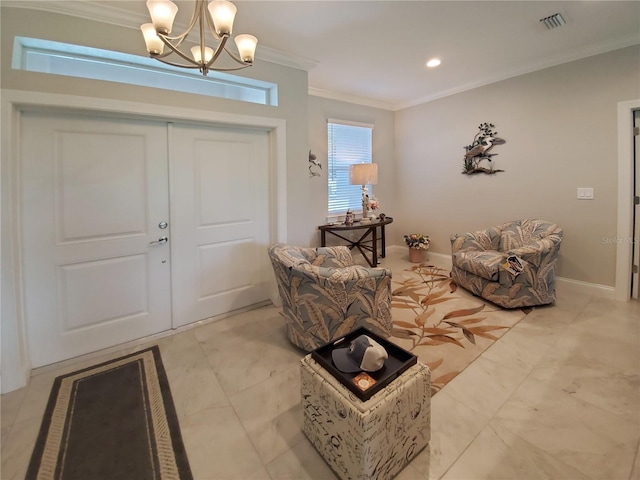 interior space featuring ornamental molding and an inviting chandelier