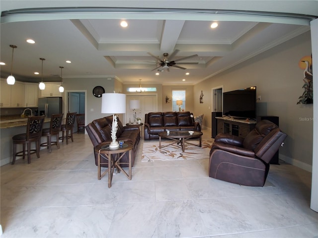 tiled living room featuring crown molding, coffered ceiling, beamed ceiling, and ceiling fan with notable chandelier