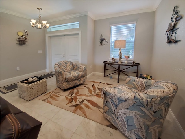 living room with crown molding, a chandelier, and light tile patterned floors