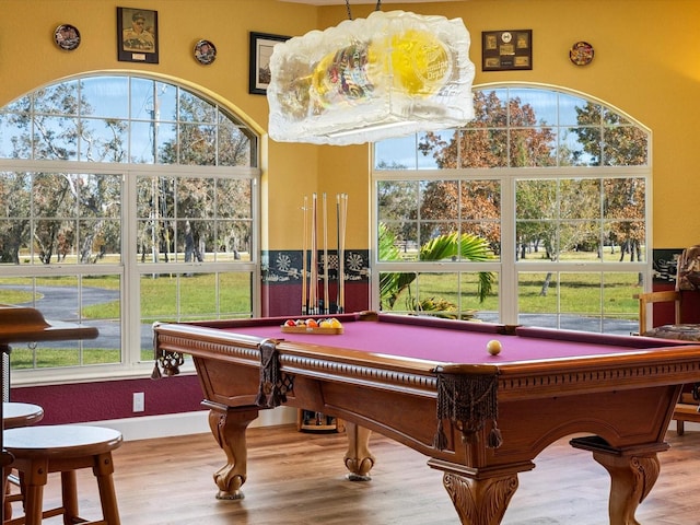 playroom with pool table, a healthy amount of sunlight, and hardwood / wood-style flooring