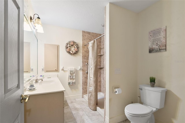 full bathroom with a textured ceiling, shower / tub combo, vanity, and toilet