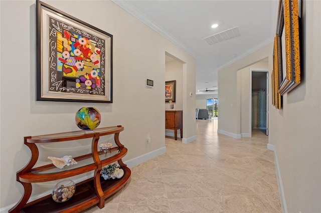 corridor with recessed lighting, visible vents, baseboards, and crown molding