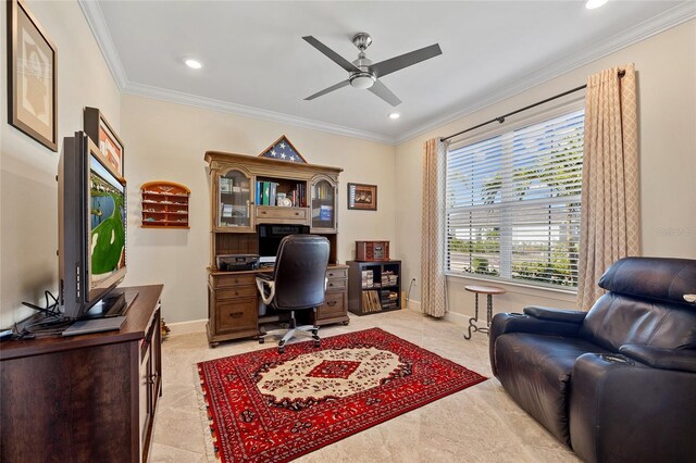 office area with ceiling fan and ornamental molding