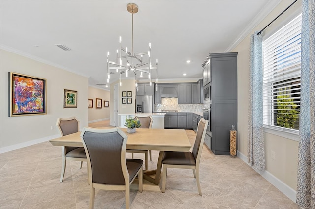 dining room featuring light tile patterned flooring, a notable chandelier, and ornamental molding