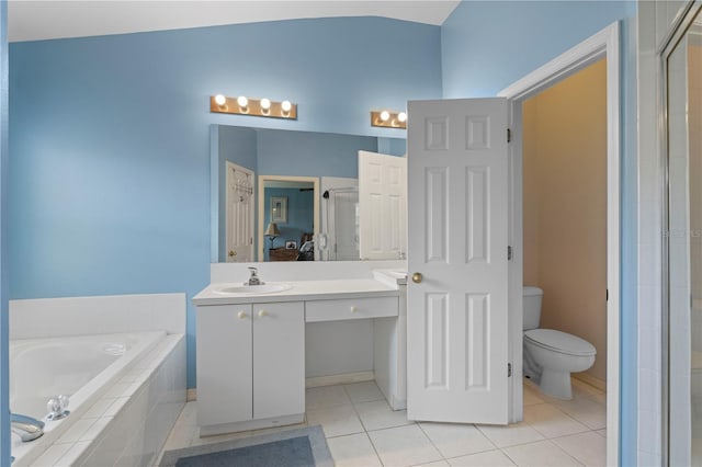 full bathroom featuring tile patterned flooring, vanity, toilet, and separate shower and tub