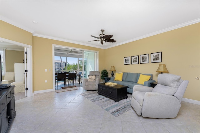 tiled living room featuring ceiling fan and ornamental molding