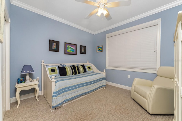 bedroom featuring light carpet, ornamental molding, and ceiling fan