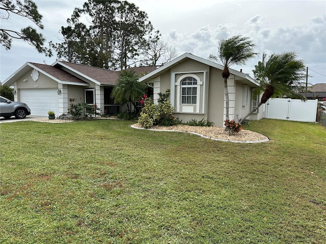 single story home featuring a garage and a front yard