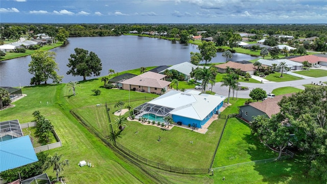 bird's eye view with a water view