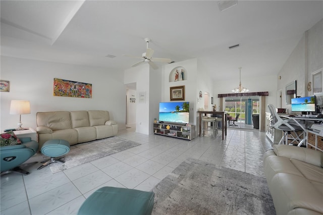 living room featuring ceiling fan with notable chandelier and high vaulted ceiling