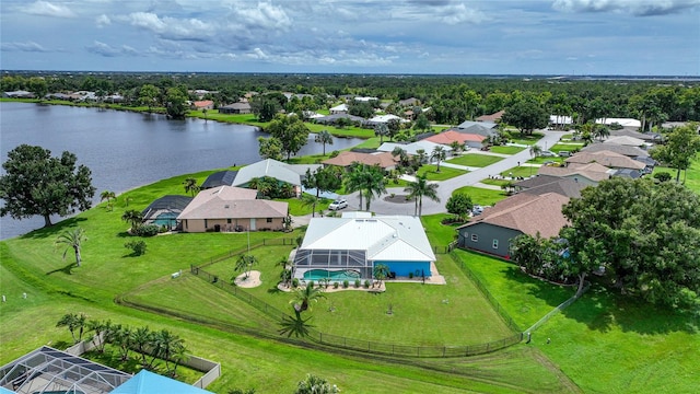 birds eye view of property featuring a water view