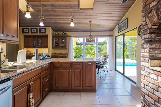 kitchen with wooden ceiling, decorative light fixtures, light stone counters, sink, and stainless steel dishwasher