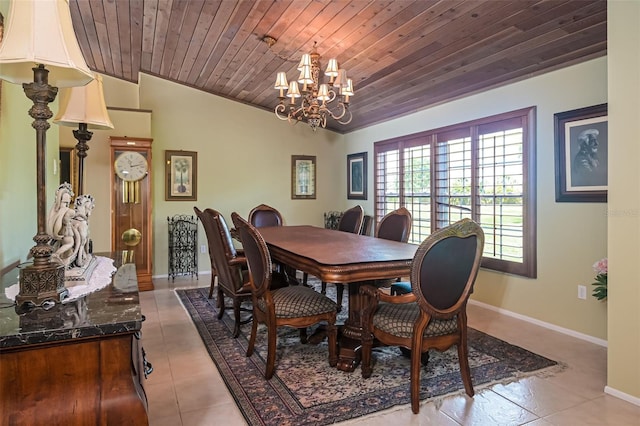 dining space featuring wood ceiling, a notable chandelier, and light tile patterned flooring