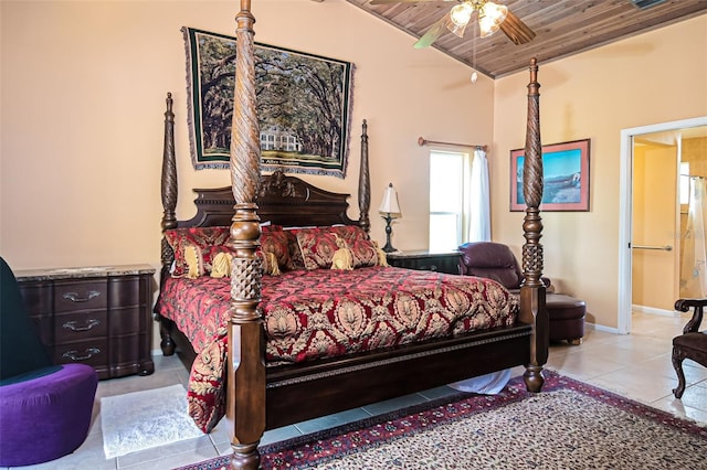 bedroom with lofted ceiling, ceiling fan, wooden ceiling, tile patterned flooring, and baseboards