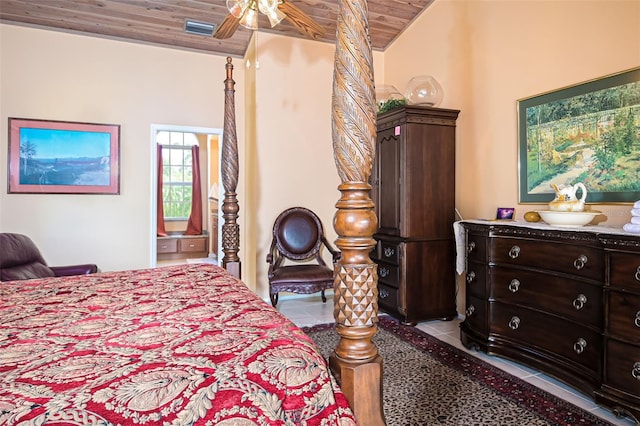 bedroom with wood ceiling, ceiling fan, light tile patterned floors, and lofted ceiling