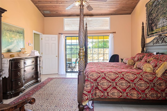 tiled bedroom with wood ceiling and ceiling fan