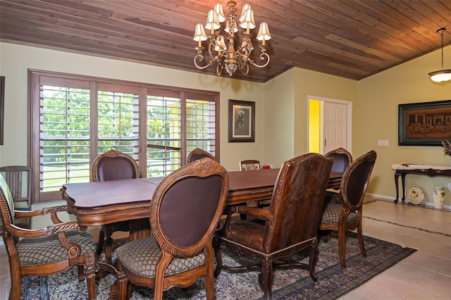 dining space with tile patterned floors, vaulted ceiling, a notable chandelier, and wooden ceiling