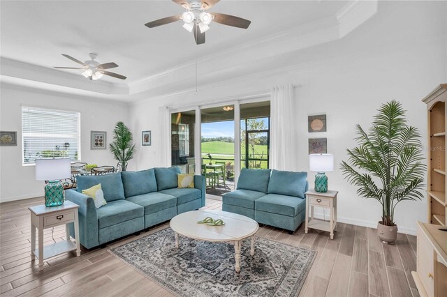 living room with a healthy amount of sunlight, light wood finished floors, and a raised ceiling