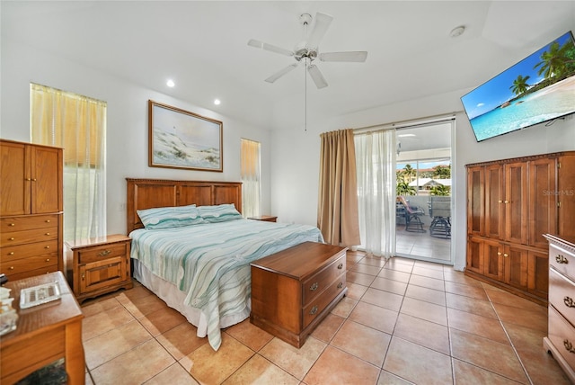 tiled bedroom featuring access to outside and ceiling fan